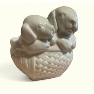 White Ceramic Basket w/ Puppies Dog Planter Succulents Candy Bowl Sponge Holder